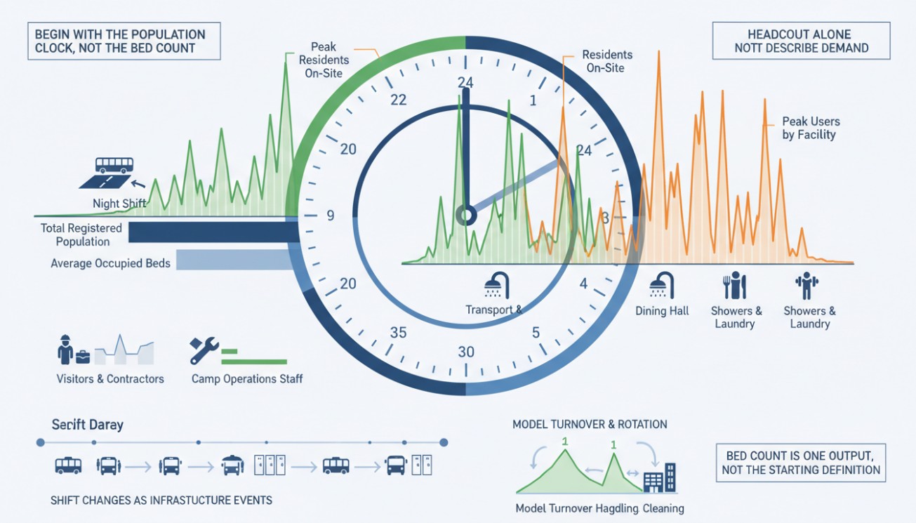 Population clock model showing worker camp occupancy, shift changes and peak demand for transport, dining, showers and laundry